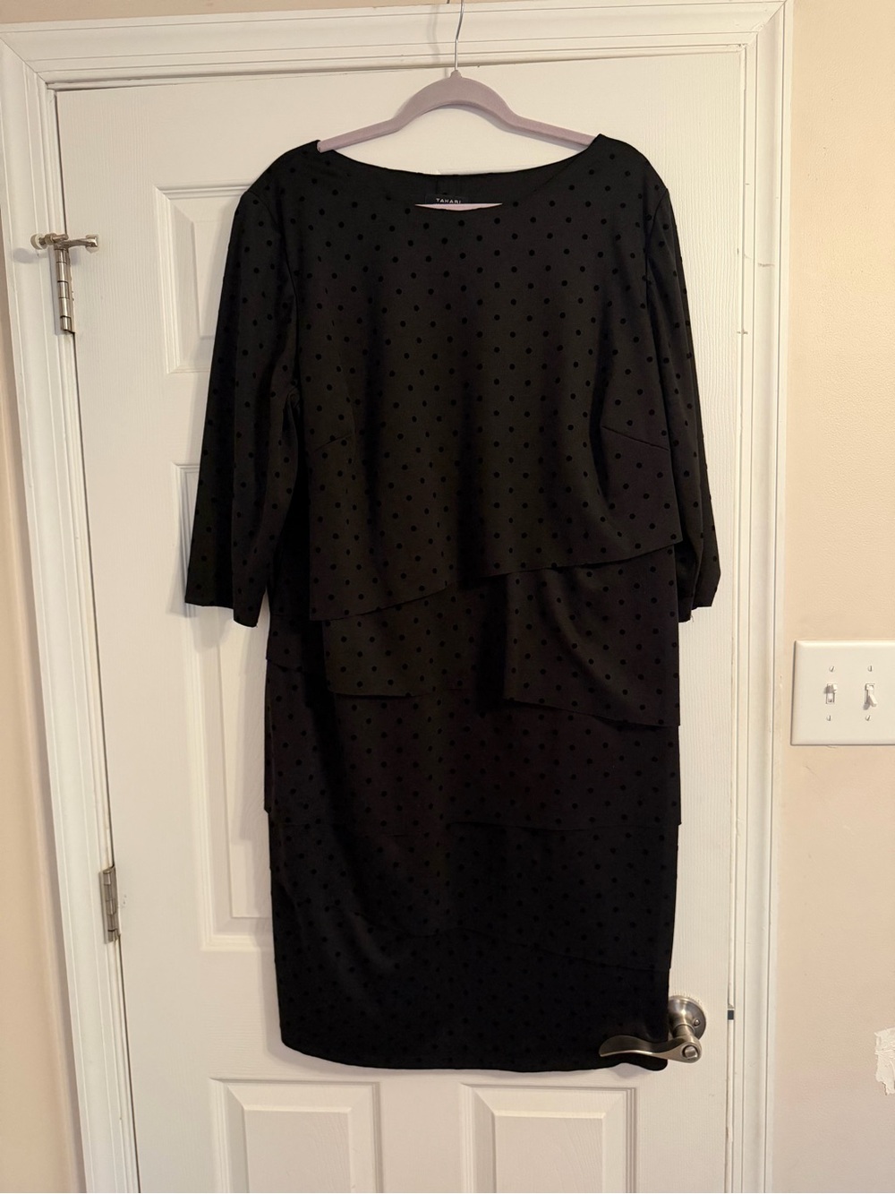 Tahari Black Polka-Dot Layered Long-Sleeve Dress